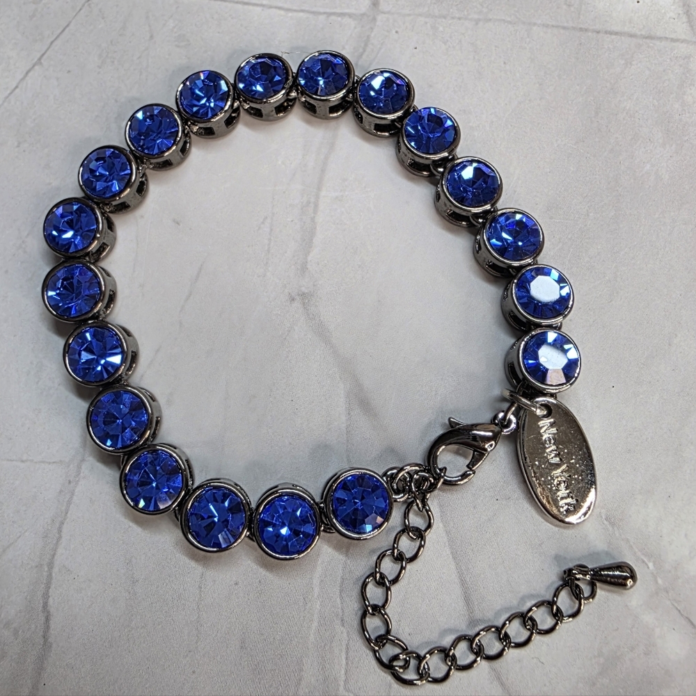 CARA NY Blue Rhinestone Tennis Bracelet Gunmetal 7” + Extender